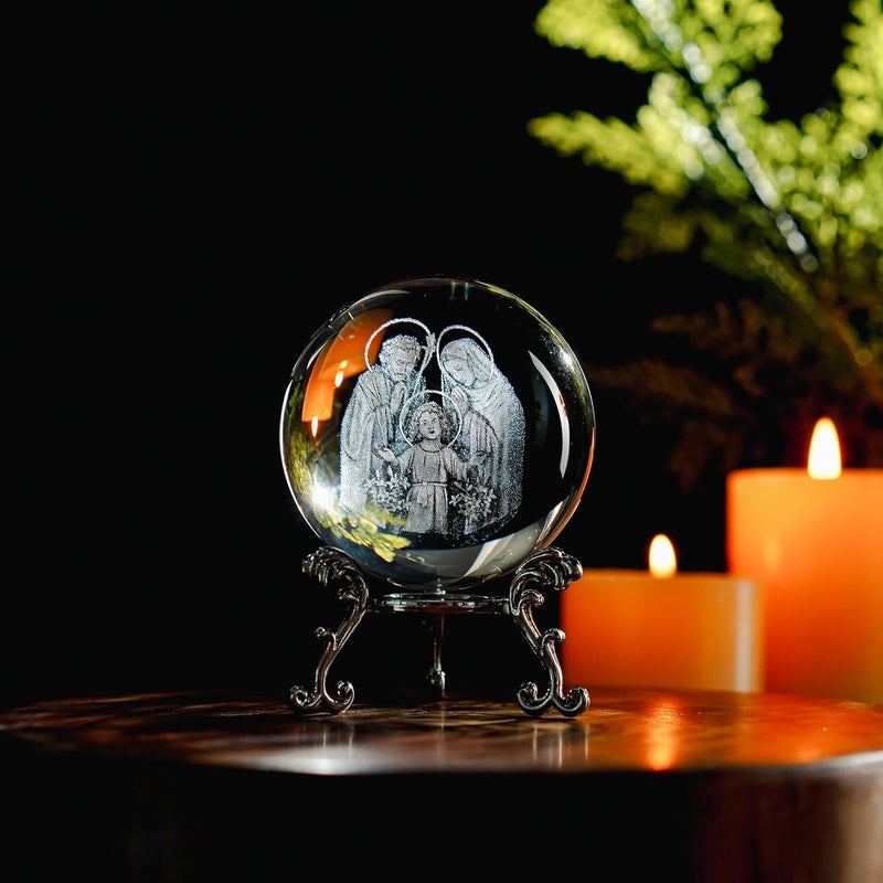 ZEERSHEE 3D Engraved Jesus Holy Family Crystal Ball Glass Jesus Statue Figurine Christian Religious Easter Gifts - Image 1